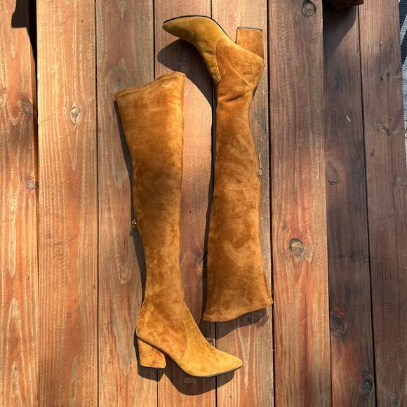 Vintage 90s Vero Cuoio Suede Thigh High Boots Italy Size 8 Camel Block Heel 250 - Picture 1 of 16